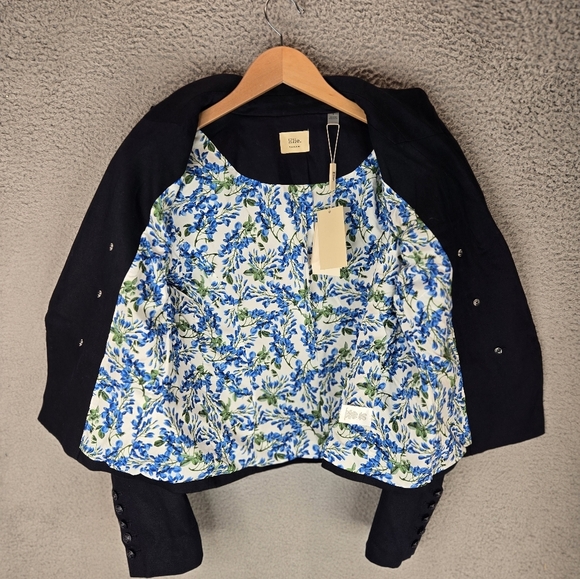 Elie Tahari Womens Linen Blend Crop Blazer Sz 8 Crest Buttons Open Front Lined - Picture 9 of 15